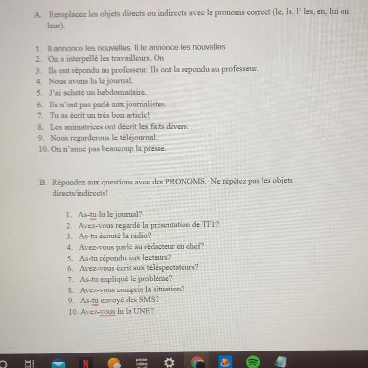 Remplacez les objects directs avec les pronoms et repondez aux questions avec des-example-1