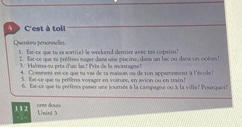 Please Help ASAP!!! C'est à toil Questions personnelles. 1. Est-ce que tu es sorti-example-1