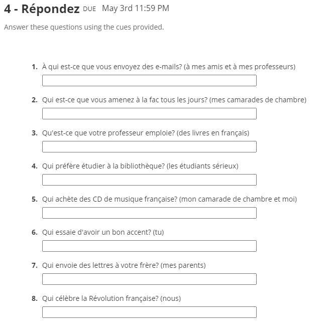 Answer these questions using the cues provided. 1.À qui est-ce que vous envoyez des-example-1