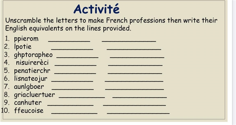 Unscramble the French profession and also write the English equivalent, more info-example-1