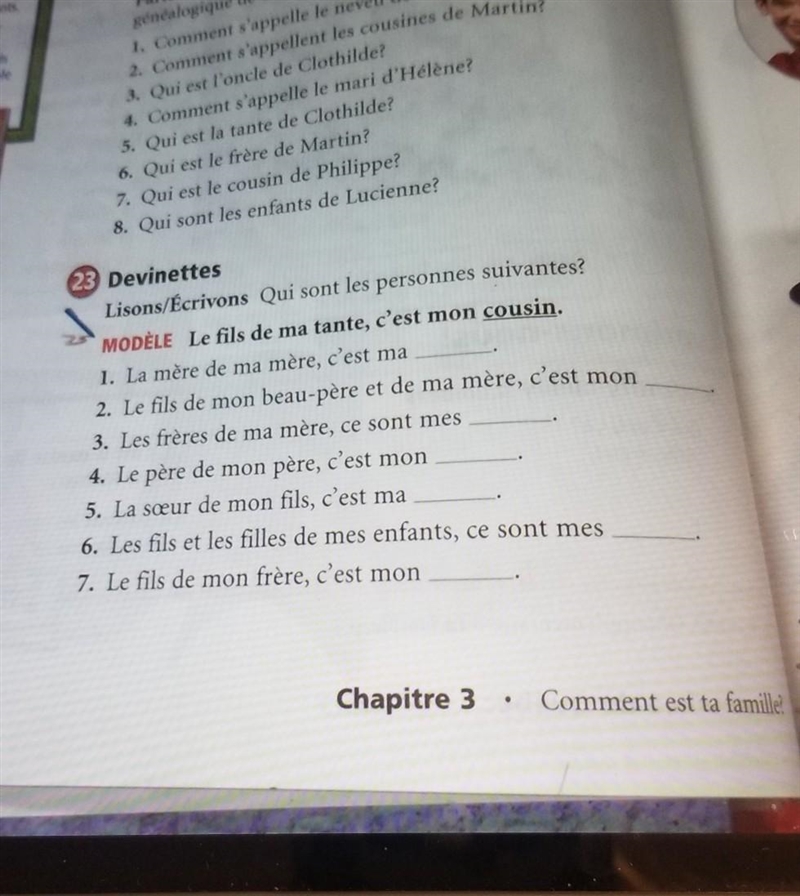 23 Devinettes Lisons/Écrivons Qui sont les personnes suivantes? MODÈLE Le fils de-example-1