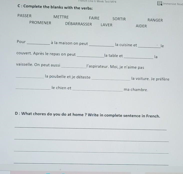 C: Complete the blanks with the verbs: RANGER PASSER METTRE FAIRE SORTIR PROMENER-example-1