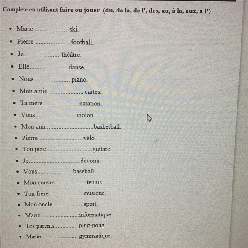 Help with like half of these for french, deadline in like 10 minutes ;; faire ou jouer-example-1