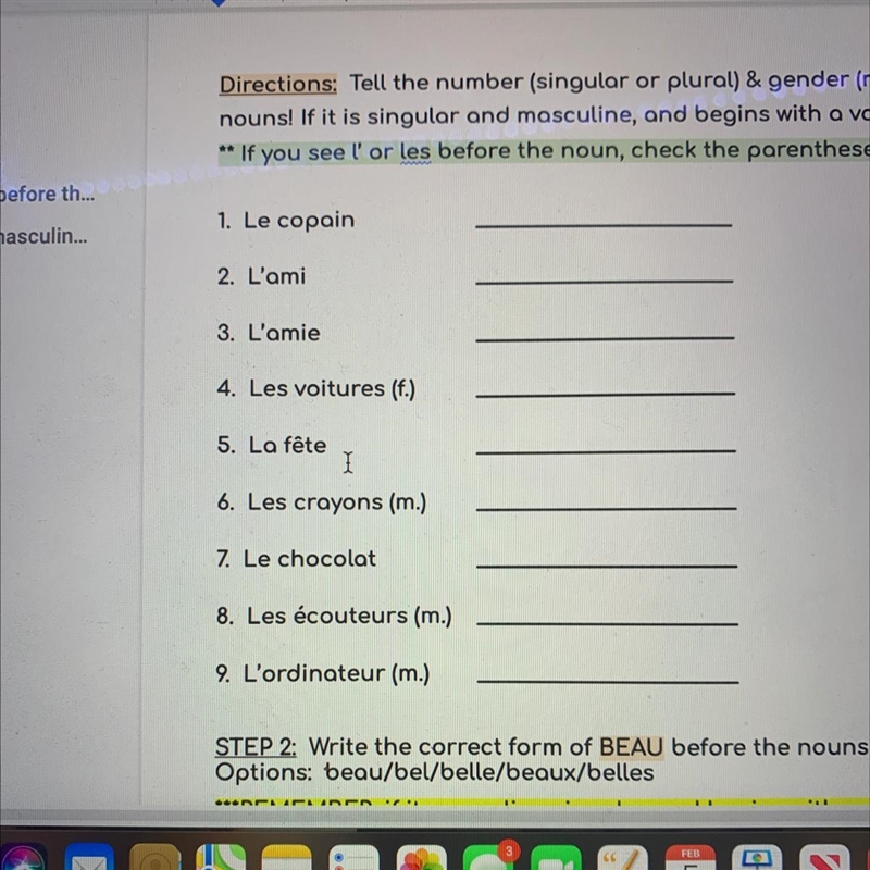 Tell the number (singular or plural) & gender (masculine or feminine) of the nouns-example-1