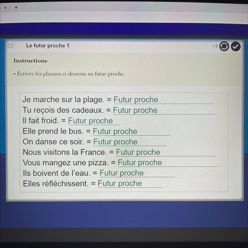 • Écrivez les phrases ci-dessous au futur proche. 1. Je marche sur la plage. = 2. Tu-example-1