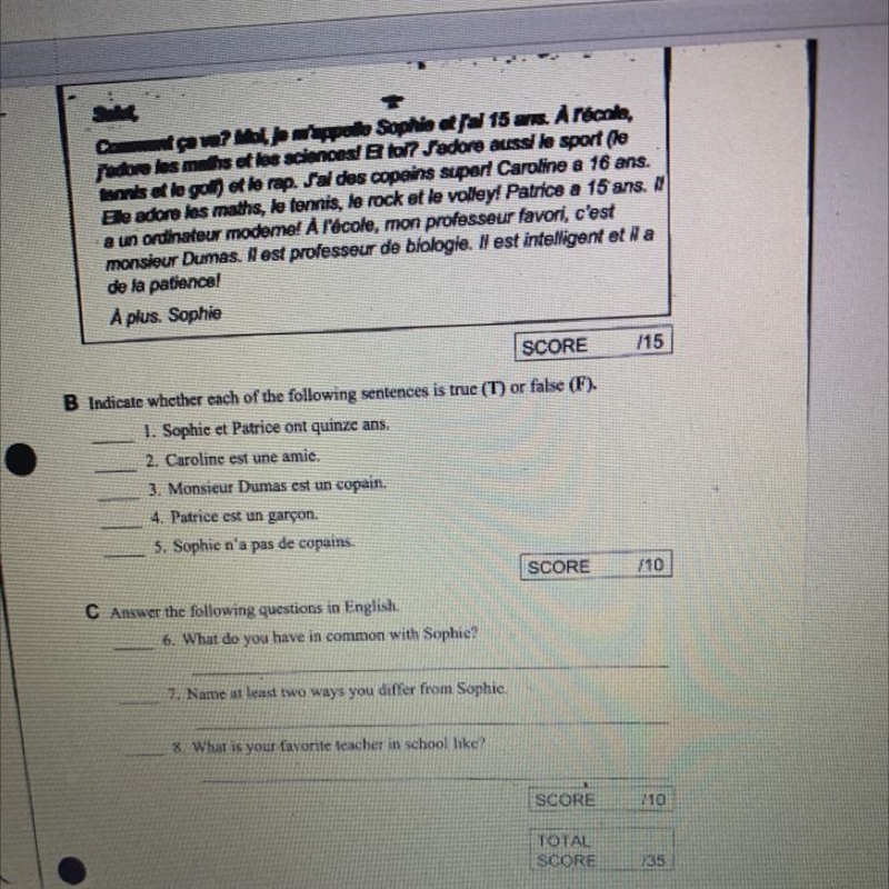 SCORE 115 B Indicate whether each of the following sentences is true (T) or false-example-1