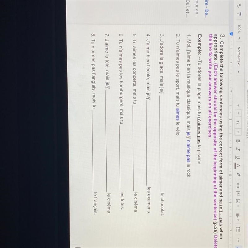 3. Complete the following sentences using the correct form of aimer and ne (n')....pas-example-1