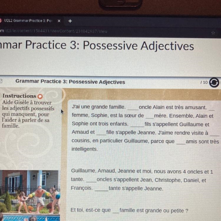 Instructions Aide Gisèle à trouver les adjectifs possessifs qui manquent, pour l'aider-example-1