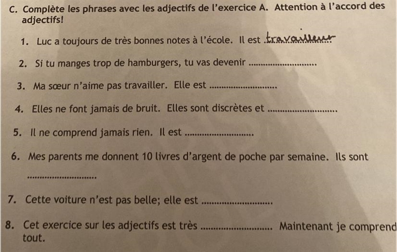 C. Complète les phrases avec les adjectifs de l'exercice A. Attention à l'accord des-example-1