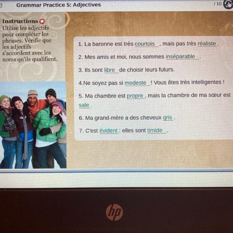 Instructions Utilise les adjectifs pour compléter les phrases. Vérifie que les adjectifs-example-1
