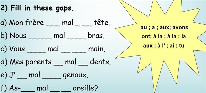 Can someone please help me fill in the blanks? In french? Key words: a. "mon-example-1