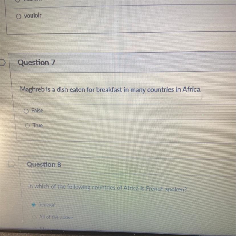 Maghreb is a dish eaten for breakfast in many countries in Africa. False O True-example-1