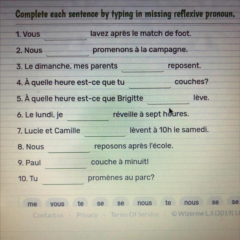 Complete each sentence by typing in missing reflexive pronoun. 1. Vous......lavez-example-1