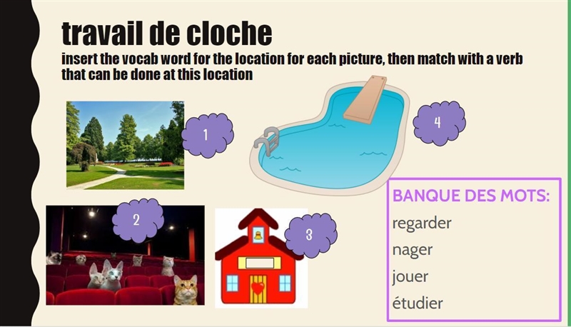 Insert the vocab word for the location for each picture, THEN match with a verb from-example-1