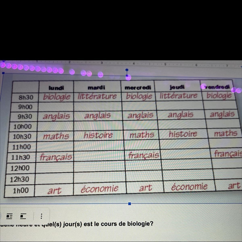 1. À quelle heure et quel(s) jour(s) est le cours de biologie? 2. Est-ce que cet étudiant-example-1