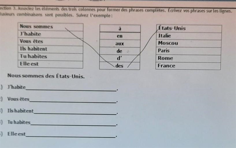 Associez les éléments des trois colonnes pour former des phrases complètes. Écrivez-example-1