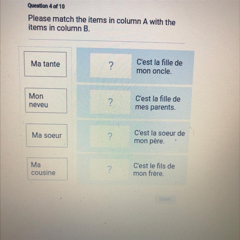 Please match the items in column A with the items in column B. Ma tante C'est la fille-example-1