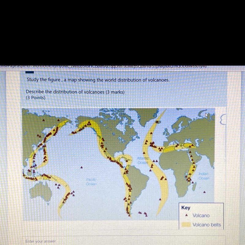 Study the figure, a map showing the world distribution of volcanoes. Describe the-example-1