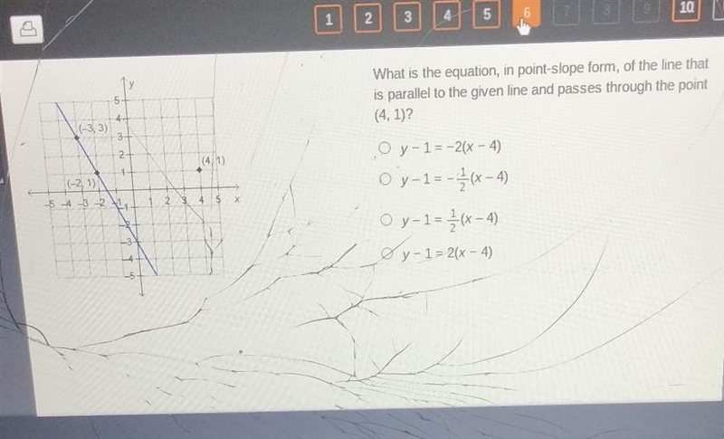 What is the equation, in point-slope form, of the line that is parallel to the given-example-1