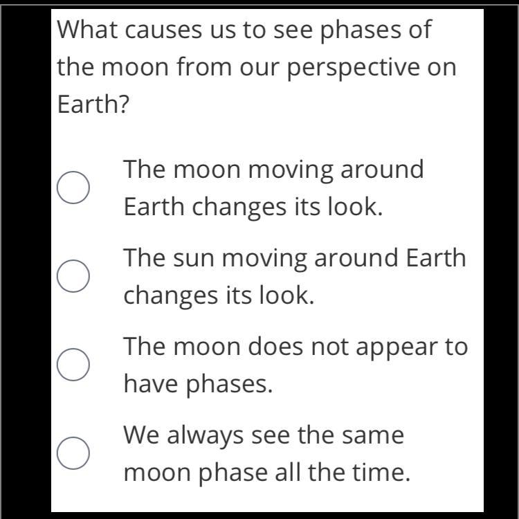 What causes us to see phases of the moon from our perspective on Earth?-example-1