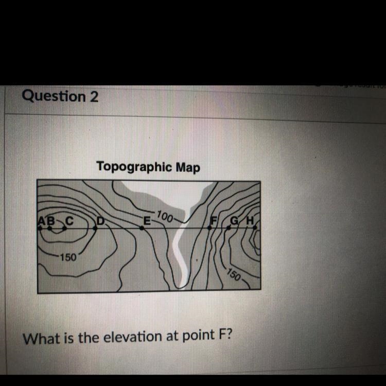 (Topographic Map) What is the elevation at point F? A.120 B.110 C.130 D.50-example-1