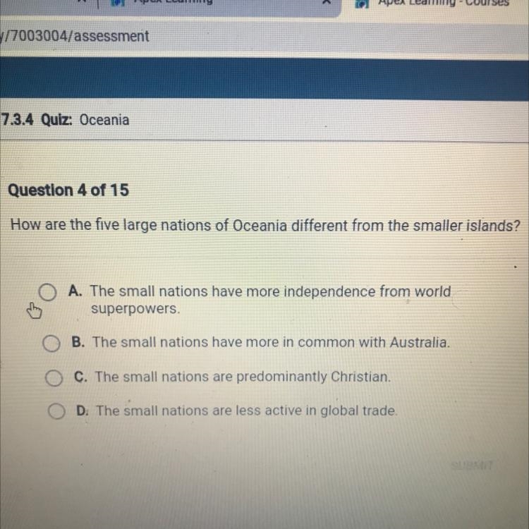 How are the five large nations of Oceania different from the smaller islands? A. The-example-1