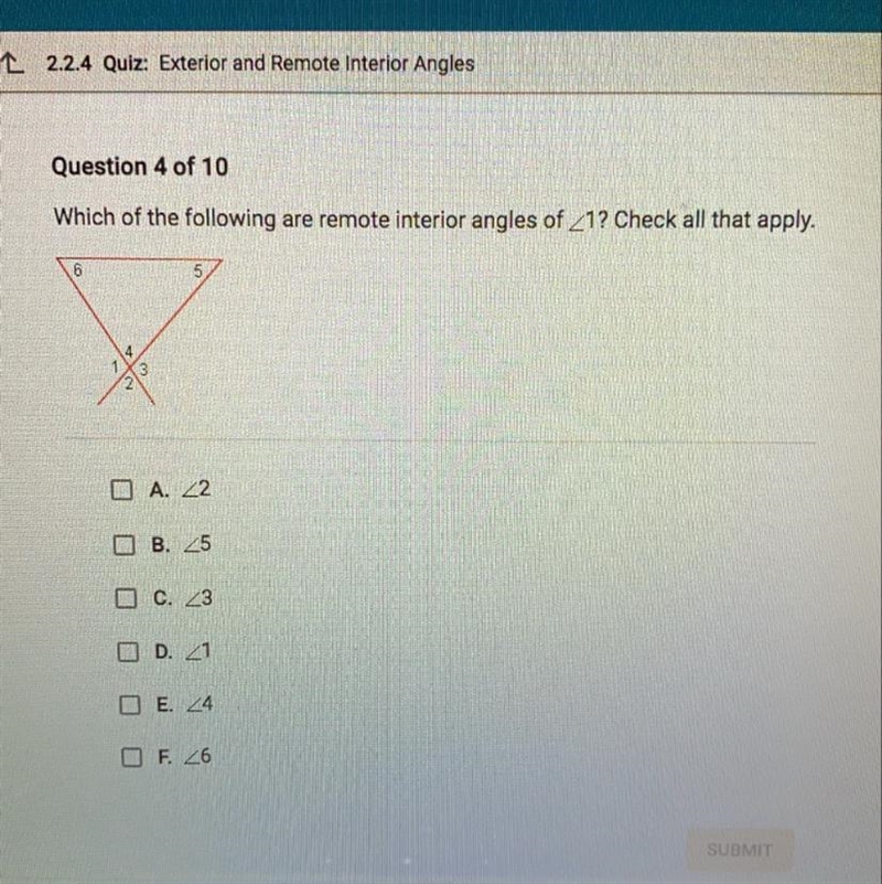 Which of the following are remote interior angles of 1? Check all that apply. A. 2 B-example-1