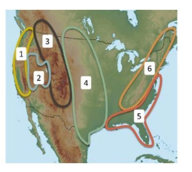 List the six regions outlined on the map above.-example-1