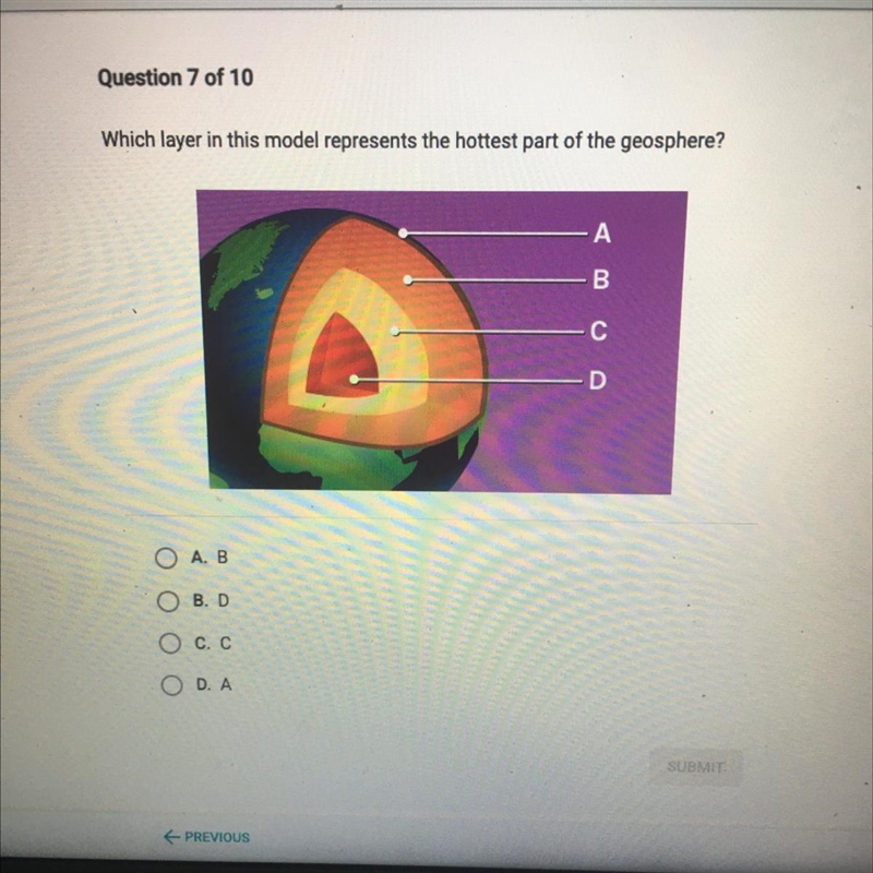 Which layer in the model represents the hottest part of the geosphere? A.B B.D C.C-example-1