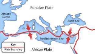 The African plate is moving toward the Eurasian plate at a rate of a few centimeters-example-1