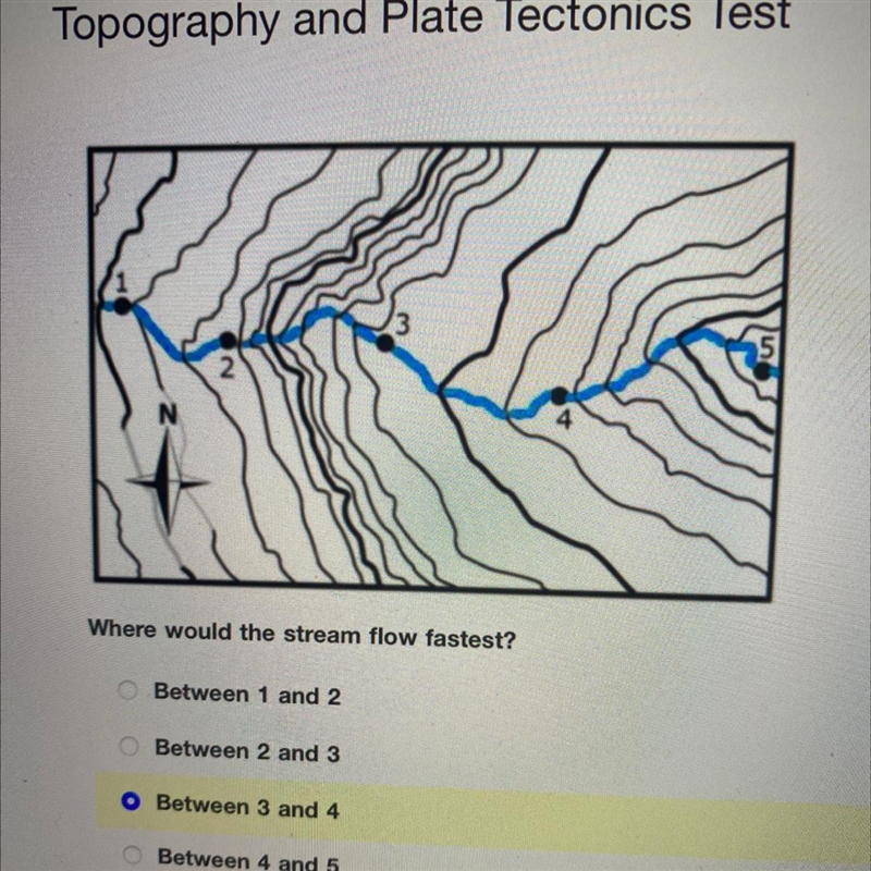 Topography and Plate Tectonics Test Where would the stream flow fastest? Between 1 and-example-1