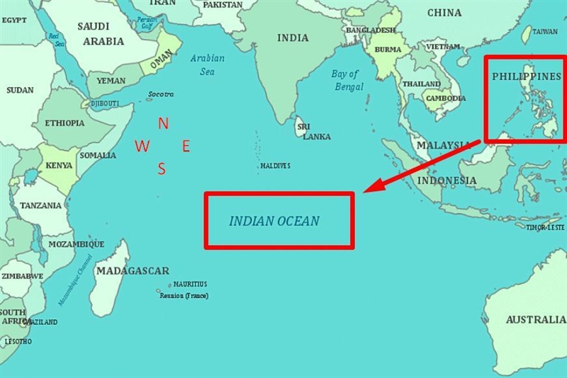 Which body of water is found southwest of the Philippines? A.Pacific Ocean B.Indian-example-1