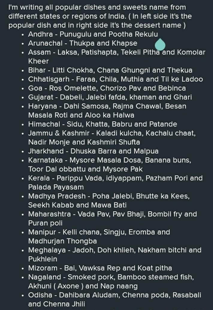 Can anyone send all popular dishes and sweets name from different states or regions-example-1