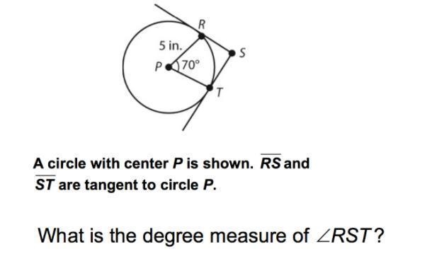 A circle with center P is shown. RS and ST are tangent to Circle P. What Is the degree-example-1