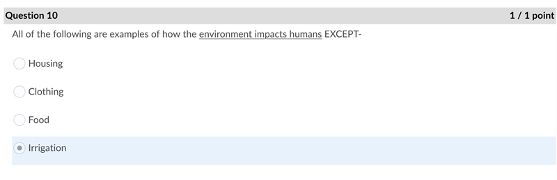 100 points! All of the following are examples of how the environment impacts humans-example-1