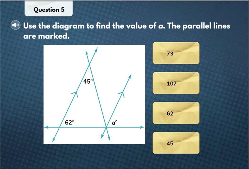 Use the diagram to find the value of a. The parallel lines are marked. 452 72 62 62-example-1