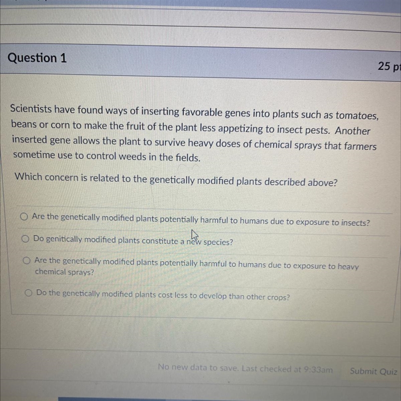 Which concern is related to the genetically modified plants described above-example-1