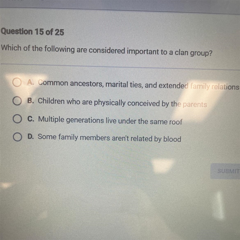 Which of the following are considered important to a clan group?-example-1