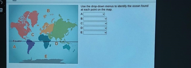 Identifying Earth's Oceans Use the drop-down menus to identify the ocean found at-example-1