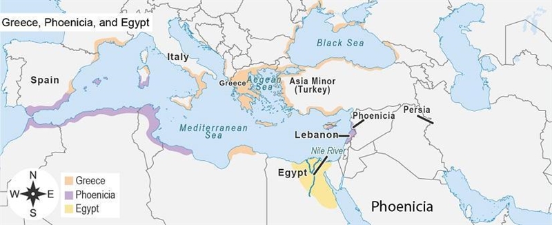 The map shows lands settled by Greeks, Phoenicians, and Egyptians. The people of which-example-1