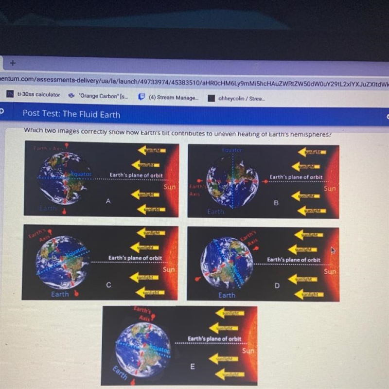 Which two images correctly show how Earth‘s tilt contributes to uneven heating of-example-1