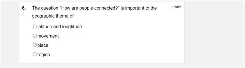 The question of how are people connected is important to the geographic theme of-example-1