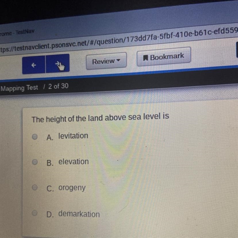 The height of the land above sea level is A. levitation B. elevation C. orogeny D-example-1