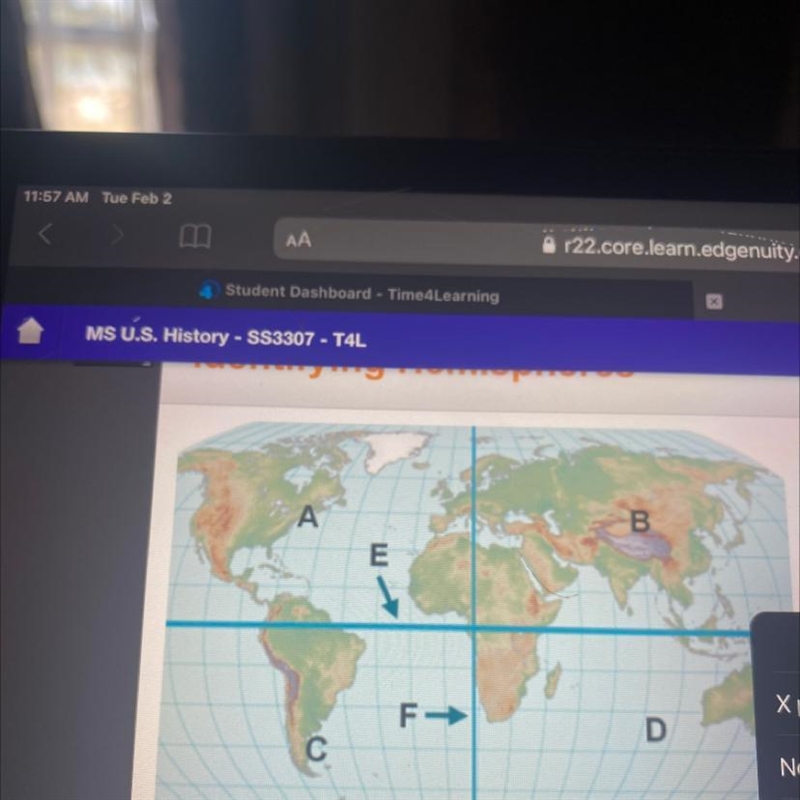 The E on the map identifies the ..￼ X prime Meridian Northern hemisphere Western hemisphere-example-1