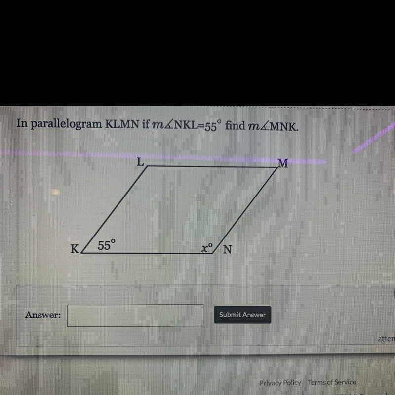 In parallelogram KLMN if m&NKL=55° find m2MNK. L M к. 55° X°N-example-1