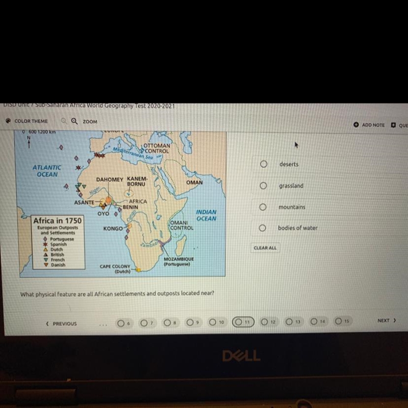 What physical feature are all African settlements and outposts located near?-example-1