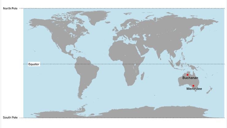 Buchanan is closer to the equator than Menindee. Which location has a warmer air temperature-example-1