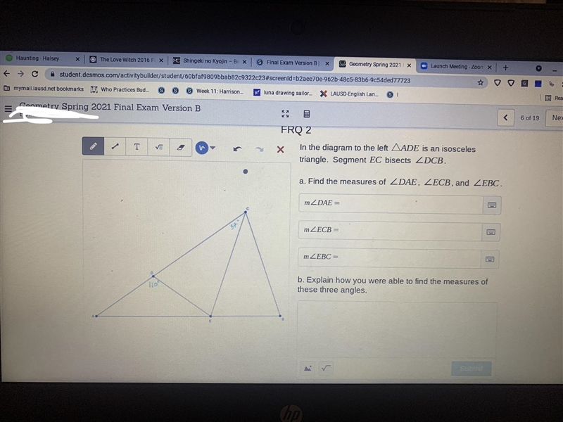 In the diagram to the left ADE is an isosceles triangle. Segment EC bisects DCB. A-example-1