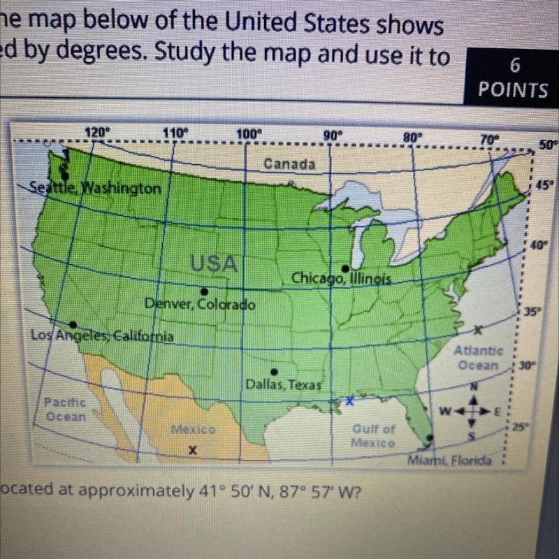 What city identified on this map is located at approximately 41 degrees 50’ N, 87 degrees-example-1