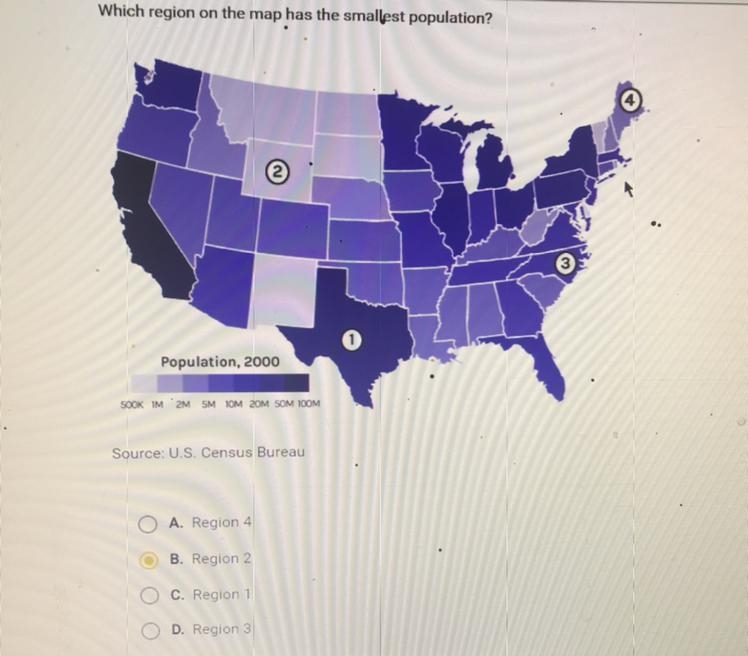 Which region on the map has the smallest population? A. Region 4 B. Region 2 C. Region-example-1